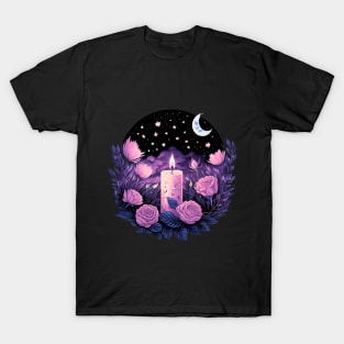Candle and Roses Starry Night Moon and stars T-Shirt